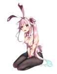  alternate_costume animal_ears bare_shoulders blue_hair breasts bunny_ears bunny_girl bunnysuit detached_collar fishnet_pantyhose fishnets gradient_hair hair_flaps harusame_(kantai_collection) hiememiko highres kantai_collection leotard medium_breasts multicolored_hair pantyhose pink_eyes pink_hair seiza side_ponytail simple_background sitting strapless strapless_leotard white_background wrist_cuffs 