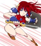  armor bare_legs blue_eyes blue_gloves blue_headband brown_footwear fingerless_gloves full_body gloves highleg highleg_leotard holding holding_sword holding_weapon legs leotard long_hair looking_to_the_side mail_(popful_mail) ml open_mouth pointy_ears popful_mail red_armor red_hair serious shield shoes solo sword thighs weapon white_leotard 