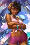  black_hair blue_sky bracelet breasts cleavage commentary crossed_arms dark_skin day earrings english_commentary gold_trim highres jewelry lipstick logan_cure looking_at_viewer lychee_(pokemon) makeup medium_breasts neck_ring necklace outdoors palm_tree parted_lips patreon_logo patreon_username pink_shorts pokemon purple_eyes short_hair shorts sky tree water watermark 