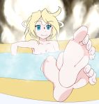  1girl bathing bathtub blonde_hair blue_eyes feet forehead_jewel halo ilias jewelry long_hair mon-musu_quest! nipples smile steam third-party_edit water 