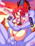  1boy 1girl anal anus areolae ass bikini_top blush boots breasts cum cum_in_ass doctor_cursed elbow_gloves fingerless_gloves hair_ornament hair_piece nipples nude ponytail pussy red_hair tears tengen_toppa_gurren_lagann thighhighs thighs tongue yellow_eyes yoko_littner 