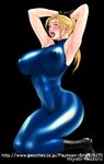  armpits arms_up artist_name blonde_hair blue_eyes blush bodysuit boots breasts covered_nipples fingerless_gloves gloves half-closed_eyes huge_breasts kneeling lips lipstick long_hair makeup miyabi_tsuzuru open_mouth ponytail sarah_bryant solo virtua_fighter watermark web_address 