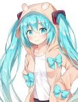  animal_ears animal_hood bangs blue_bow blue_eyes blue_hair blush bow caramell0501 closed_mouth collared_shirt commentary eyebrows_visible_through_hair hair_between_eyes hair_ornament hair_through_headwear hands_in_pockets hatsune_miku hood hood_up hoodie long_hair looking_at_viewer shirt simple_background smile solo twintails very_long_hair vocaloid white_background white_shirt 