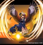  1girl blonde_hair cleiooo feathered_wings female flying harpy long_hair monster_girl open_mouth solo sunset wings wixoss 
