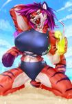  2018 5_fingers abs anthro beach beverage big_breasts black_nose breasts butt_from_front cleavage clothed clothing darya_(ravencrafte) day digital_media_(artwork) fangs feline female front_view fur glass green_eyes hair kneeling lemon mammal mr._mist muscular muscular_female navel nipples open_mouth orange_fur outside pink_hair seaside sharp_teeth sky solo straw stripes swimsuit teeth tiger tongue white_fur 