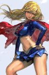  blonde_hair blue_background blue_eyes breasts cape contrapposto cowboy_shot crop_top dc_comics hand_on_hip hankuri large_breasts long_hair midriff miniskirt navel red_cape simple_background skirt smile solo standing supergirl superhero thighs wind wind_lift 