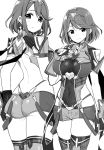  ass back_cutout blush breasts closed_mouth covered_navel dimples_of_venus earrings fingerless_gloves from_behind gloves greyscale hand_on_ass hand_on_own_chest highres homura_(xenoblade_2) jewelry large_breasts looking_at_viewer looking_back monochrome multiple_views shisoneri short_hair short_shorts shorts smile sweatdrop tiara vambraces wavy_mouth xenoblade_(series) xenoblade_2 