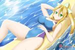  alfred_cullado arm_up bare_shoulders blonde_hair blue_swimsuit blush braid breasts cleavage closed_mouth commentary competition_swimsuit covered_navel covered_nipples dutch_angle elf eyebrows_visible_through_hair green_eyes hair_between_eyes inflatable_raft large_breasts leafa long_hair looking_at_viewer lying on_back one-piece_swimsuit pointy_ears ponytail shiny shiny_hair shiny_skin smile solo swimsuit sword_art_online taut_clothes taut_swimsuit twin_braids very_long_hair water wet 