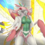  2018 anthro areola arthropod book breasts clothed clothing digital_media_(artwork) female garter_belt garter_straps inside legwear lurantis nintendo nipples panties pok&eacute;mon pok&eacute;mon_(species) simple_background skimpy smile solo standing testowepiwko thigh_highs underwear video_games 