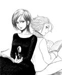  1girl arthur_pendragon_(nanatsu_no_taizai) book collarbone dress greyscale harumiya holding holding_book long_sleeves looking_at_viewer magic merlin_(nanatsu_no_taizai) mole mole_under_eye monochrome nail nanatsu_no_taizai open_book short_hair sitting smile twitter_username 