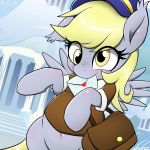  &lt;3 2018 bag blonde_hair blush bottomless building clothed clothing cloud cute derp_eyes derpy_hooves_(mlp) envelope equine eyelashes feathered_wings feathers female feral floppy_ears friendship_is_magic grey_feathers hair hat hi_res hooves mailbag mammal mouth_hold my_little_pony navel outside pegasus portrait shirt sky smile solo uniform wings yellow_eyes yorozpony 