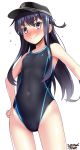  absurdres akatsuki_(kantai_collection) anchor_symbol artist_name ass_visible_through_thighs bangs black_hair black_swimsuit blush clothes_removed collarbone commentary_request competition_swimsuit covered_navel cowboy_shot dated eyebrows_visible_through_hair flat_cap flat_chest flying_sweatdrops grey_eyes hand_on_hip hat highres kantai_collection long_hair looking_at_viewer nose_blush one-piece_swimsuit simple_background smile solo swimsuit tsuchimiya wavy_mouth white_background 