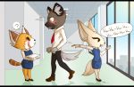  2018 ? aggressive_retsuko anthro black_footwear black_nose blood-draki blush brown_footwear canine clothed clothing digital_media_(artwork) ear_tuft eyelashes female fennec fenneko footwear fox fur fur_markings fur_tuft haida hi_res holding_object holding_paper holding_phone hyena laugh long_sleeve looking_down looking_up male mammal markings necktie open_mouth owo pants phone red_panda retsuko sanrio signature simple_background size_difference skirt smile speech_bubble standing tuft uniform vest yellow_eyes 
