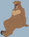  2016 5_fingers 5_toes anthro bear blush brown_fur chest_tuft claws cute eyewear fur glasses green_eyes locosaltinc looking_at_viewer male mammal myke_(character) nude overweight pawpads signature simple_background sitting solo toes tuft 