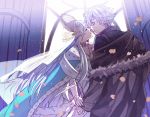  1girl anastasia_(fate/grand_order) bangs closed_eyes commentary_request crown dress eyebrows_visible_through_hair fate/grand_order fate_(series) fur_trim hair_over_one_eye hairband holding_hands jacket jewelry kadoc_zemlupus long_hair looking_at_another ribbon royal_robe silver_hair tsengyun very_long_hair yellow_eyes 