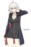  ahoge breasts cleavage dated fate/grand_order fate_(series) fleur_de_lis fur-trimmed_sleeves fur_collar fur_trim grey_hair hair_between_eyes jeanne_d'arc_(alter)_(fate) jeanne_d'arc_(fate)_(all) jewelry legs michihasu mouth_pull necklace short_hair solo white_background wicked_dragon_witch_ver._shinjuku_1999 yellow_eyes 