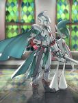  armor black_footwear cape dual_wielding gallade gauntlets green_cape helmet highres holding holding_sword holding_weapon indoors knight pokemon pokemon_(creature) red_eyes ryairyai sheath sheathed stained_glass standing sword weapon 