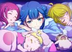  baby blonde_hair blue_eyes blue_hair blue_pajamas closed_eyes closed_mouth eyebrows eyebrows_visible_through_hair hair_bun hair_ornament harryham_harry hug-tan_(precure) hugtto!_precure kagayaki_homare long_sleeves lying multiple_girls nono_hana on_stomach open_mouth pajamas pink_hair precure short_hair sleeping smile tokeshi x_hair_ornament yakushiji_saaya 