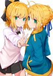  ahoge artoria_pendragon_(all) bangs black_bow black_cola black_neckwear black_skirt blonde_hair blue_jacket blue_ribbon blush bow bowtie braid brown_jacket character_request closed_mouth collared_shirt commentary eyebrows_visible_through_hair fate/grand_order fate_(series) green_eyes hair_between_eyes hair_bow hair_bun hair_ribbon hands_in_pockets high_ponytail highres jacket multiple_girls open_clothes open_jacket outstretched_arm pleated_skirt ponytail ribbon saber saber_lily shirt simple_background skirt sleeveless_jacket smile track_jacket v white_background white_shirt 
