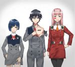  1boy 1girl 2girls barcode_tattoo black_hair black_legwear blue-framed_eyewear blue_eyes blue_hair candy collarbone couple darling_in_the_franxx eyebrows_visible_through_hair eyes_visible_through_hair food green_eyes hair_between_eyes hair_ornament hairband hairclip hand_in_pocket hand_on_hip height_chart hiro_(darling_in_the_franxx) horns ichigo_(darling_in_the_franxx) in_mouth kaz_(kaazzz0416) lifted_by_self lineup lollipop long_hair looking_at_viewer military military_uniform mugshot multiple_girls necktie oni_horns orange_neckwear pantyhose pink_hair red_horns red_neckwear short_hair smile smirk tattoo uniform white_hairband zero_two_(darling_in_the_franxx) 