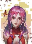  bare_shoulders breasts center_opening cleavage collarbone commentary_request guilty_crown hair_ornament hair_tubes hairclip idol leaf long_hair looking_at_viewer maple_leaf medium_breasts pauld pink_hair red_eyes shiny singer twintails upper_body yuzuriha_inori 