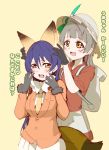  animal_ears bag bangs blue_hair blush bow bowtie commentary_request cosplay embarrassed ezo_red_fox_(kemono_friends) ezo_red_fox_(kemono_friends)_(cosplay) fox_ears grey_hair hair_between_eyes hat_feather helmet kaban_(kemono_friends) kaban_(kemono_friends)_(cosplay) kemono_friends kurone_(kuronegokou) long_hair long_sleeves love_live! love_live!_school_idol_project mimori_suzuko minami_kotori multiple_girls one_side_up open_mouth pith_helmet seiyuu_connection simple_background sonoda_umi uchida_aya yellow_eyes 