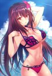  bikini blur breasts chromatic_aberration cloud cloudy_sky dated day fate/grand_order fate_(series) flower hair_flower hair_ornament hand_on_own_shoulder hibiscus large_breasts looking_at_viewer minatoasu navel open_mouth pink_bikini purple_bikini purple_hair red_eyes scathach_(fate)_(all) scathach_(swimsuit_assassin)_(fate) sky swimsuit 