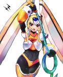  1girl android blush bodystoking byte_(grunty-hag1) covered_navel helmet holding_whip open_mouth oro_s red_eyes rockman rockman_xover simple_background weapon whip white_background 