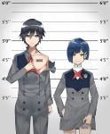  1boy 1girl barcode_tattoo black_hair blue-framed_eyewear blue_eyes blue_hair couple darling_in_the_franxx eyebrows_visible_through_hair eyes_visible_through_hair green_eyes hair_ornament hairclip hand_in_pocket height_chart hiro_(darling_in_the_franxx) ichigo_(darling_in_the_franxx) kaz_(kaazzz0416) lifted_by_self lineup looking_at_viewer military military_uniform mugshot necktie red_neckwear short_hair smile smirk tattoo uniform 