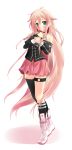  absurdly_long_hair absurdres bare_shoulders black_legwear blush boots breasts choker closed_mouth collarbone eyebrows_visible_through_hair full_body green_eyes hands_on_own_chest highres ia_(vocaloid) ifnil kneehighs large_breasts long_hair looking_away pink_hair pink_skirt skirt solo thighhighs very_long_hair vocaloid white_footwear 