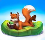  book canine fox green_eyes male mammal pawpads reading simple_background smile solo thanshuhai 