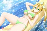  alfred_cullado bare_shoulders bikini blonde_hair blush braid breasts cleavage closed_mouth commentary covered_nipples dutch_angle elf eyebrows_visible_through_hair front-tie_top green_bikini green_eyes hair_between_eyes inflatable_raft large_breasts leafa long_hair looking_at_viewer lying navel on_back pointy_ears ponytail shiny shiny_hair shiny_skin side-tie_bikini smile solo swimsuit sword_art_online twin_braids very_long_hair water wet 