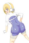  1boy artist_request ass blonde_hair blue_eyes blush bodysuit cuilan embarrassed from_behind gloves headgear huge_ass long_sleeves looking_at_viewer looking_back male_focus open_mouth senkou_no_ronde shiny shiny_clothes shiny_hair shiny_skin short_hair skin_tight solo thigh_strap tight trap white_footwear 