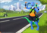  2018 5_fingers anthro barefoot blue_skin breasts city clothed clothing day detailed_background digital_media_(artwork) eliza_(vader-san) female grass hitchhiker hitchhiking lizard longboard open_mouth outside reptile road scalie skating sky solo standing street teeth tongue tree vader-san yellow_eyes 