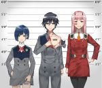  1boy 1girl 2girls barcode_tattoo black_hair black_legwear blue-framed_eyewear blue_eyes blue_hair candy collarbone couple darling_in_the_franxx eyebrows_visible_through_hair eyes_visible_through_hair food green_eyes hair_between_eyes hair_ornament hairband hairclip hand_in_pocket hand_on_hip height_chart hiro_(darling_in_the_franxx) horns ichigo_(darling_in_the_franxx) in_mouth kaz_(kaazzz0416) lifted_by_self lineup lollipop long_hair looking_at_viewer military military_uniform mugshot multiple_girls necktie oni_horns orange_neckwear pantyhose pink_hair red_horns red_neckwear short_hair smile smirk tattoo uniform white_hairband zero_two_(darling_in_the_franxx) 