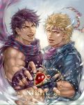  artist_name bandana bare_shoulders battle_tendency blonde_hair blue_gloves blue_scarf caesar_anthonio_zeppeli feathers fingerless_gloves gem gloves goriraneesan hair_feathers jacket jewelry jojo_no_kimyou_na_bouken joseph_joestar_(young) looking_at_viewer midriff multiple_boys muscle open_mouth pendant purple_gloves purple_hair red_stone_of_aja scarf smile striped striped_scarf tank_top twitter_username upper_body watermark web_address winged_hair_ornament 