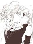  1girl antenna_hair blush breasts closed_eyes couple elbow_gloves elizabeth_liones gloves harumiya hetero jewelry kiss long_hair medium_breasts meliodas monochrome nanatsu_no_taizai necktie shirt single_earring 