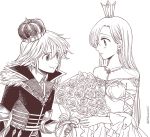  1girl alternate_costume bare_shoulders blush bouquet couple crown detached_sleeves dress elizabeth_liones flower fur_trim gauntlets gem greyscale harumiya hetero jewelry long_hair long_sleeves meliodas monochrome nanatsu_no_taizai necklace rose single_earring smile wide_sleeves 