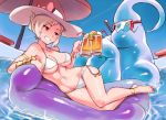  1girl anklet barefoot bikini blonde_hair breasts cleavage cup drinking_glass drinking_straw food fruit goggles grin hat inflatable_raft jewelry league_of_legends lemon lemon_slice lying monster navel on_side parasol red_eyes riven_(league_of_legends) sieyarelow smile sun_hat swimsuit umbrella water white_bikini zac 
