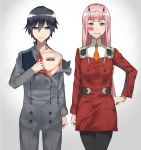  1boy 1girl barcode_tattoo black_hair black_legwear blue_eyes candy collarbone couple darling_in_the_franxx eyebrows_visible_through_hair eyes_visible_through_hair food green_eyes hair_between_eyes hair_ornament hairband hand_on_hip hiro_(darling_in_the_franxx) horns in_mouth kaz_(kaazzz0416) lineup lollipop long_hair looking_at_viewer military military_uniform mugshot necktie oni_horns orange_neckwear pantyhose pink_hair red_horns red_neckwear short_hair tattoo uniform white_hairband zero_two_(darling_in_the_franxx) 