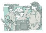  2boys bob_cut closed_mouth commentary_request copyright_name ghostbusters jumpsuit kagenui_yozuru kaiki_deishuu monogatari_(series) multiple_boys oshino_meme parody proton_pack short_hair sketch standing toge_(owannun) 