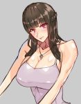  bare_shoulders blush breasts cleavage grey_background highres large_breasts long_hair looking_at_viewer purple_eyes simple_background sketch sleeveless smile solo tank_top wolffeld 