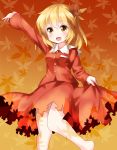  :d aki_shizuha arm_above_head autumn_leaves barefoot blonde_hair breasts eyebrows_visible_through_hair feet_out_of_frame gradient gradient_background hair_between_eyes highres leaf leaf_background long_sleeves looking_at_viewer maple_leaf open_mouth orange_background red_shirt red_skirt ruu_(tksymkw) shirt short_hair skirt skirt_hold skirt_set small_breasts smile solo standing standing_on_one_leg touhou yellow_eyes 
