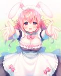  :d animal_ears apron bangs black_dress blush bow bowtie breasts bunny_ears cleavage commentary_request dress eyebrows_visible_through_hair frilled_apron frills hair_between_eyes hair_ribbon large_breasts long_sleeves looking_at_viewer maid maid_headdress open_mouth original outstretched_arms petals pink_hair pink_neckwear pink_ribbon reaching_out red_eyes ribbon sidelocks smile solo usashiro_mani white_apron 