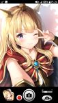  2girls bangs blonde_hair blush bow bowtie brooch cagliostro_(granblue_fantasy) cape closed_mouth collarbone commentary_request crown eyebrows_visible_through_hair gauntlets glint gold_trim granblue_fantasy hand_up highres jewelry long_hair looking_at_viewer lyria_(granblue_fantasy) multiple_girls one_eye_closed open_mouth outstretched_arm phone_screen purple_eyes red_cape red_neckwear self_shot shadow shiero. shirt sidelocks smile upper_body w white_shirt 