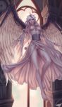  breasts flying highres large_wings long_hair looking_at_viewer mechanical_wings nipples personal_ami purple_eyes pussy skull solo uncensored warhammer_40k white_hair wings zayel 
