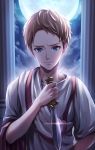  blue_eyes full_moon glint knife looking_at_viewer male_focus marcus_junius_brutus moon night official_art sekai_no_rekishi_jinbutsu_jiten toga tokumaru upper_body 