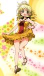  1girl :d aoki_ume black_panties blonde_hair blush dress dress_lift female flower hidamari_sketch highres looking_at_viewer miyako no_panties nude_filter open_mouth panties pussy sandals scan short_hair skirt solo star starry_background sunflower third-party_edit yellow_eyes 