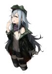  absurdres bangs black_legwear blush brown_eyes coat commentary_request cropped_legs eyebrows_visible_through_hair g11_(girls_frontline) girls_frontline green_coat hair_between_eyes half-closed_eye hand_up hat highres knee_pads long_hair long_sleeves looking_at_viewer messy_hair one_eye_closed open_clothes open_coat open_mouth red_scarf scarf scarf_on_head shirt short_shorts shorts shoulder_cutout sidelocks silver_hair simple_background single_thighhigh solo strap thigh_strap thighhighs thighs tomori-san very_long_hair yawning 