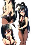  animal_ears ass binsen black_hair black_leotard blue_eyes blush breasts brown_legwear bunny_ears bunny_tail bunnysuit commentary_request cropped_legs detached_collar embarrassed fake_animal_ears feet_out_of_frame flat_ass glasses hairband head_out_of_frame kantai_collection leotard long_hair looking_at_viewer multiple_views ooyodo_(kantai_collection) pantyhose red_neckwear semi-rimless_eyewear small_breasts strapless strapless_leotard tail under-rim_eyewear wrist_cuffs 